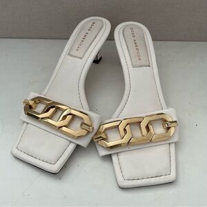 Good American Gold Chain Mules Kitten Heel Sandals Size 7.5 White
